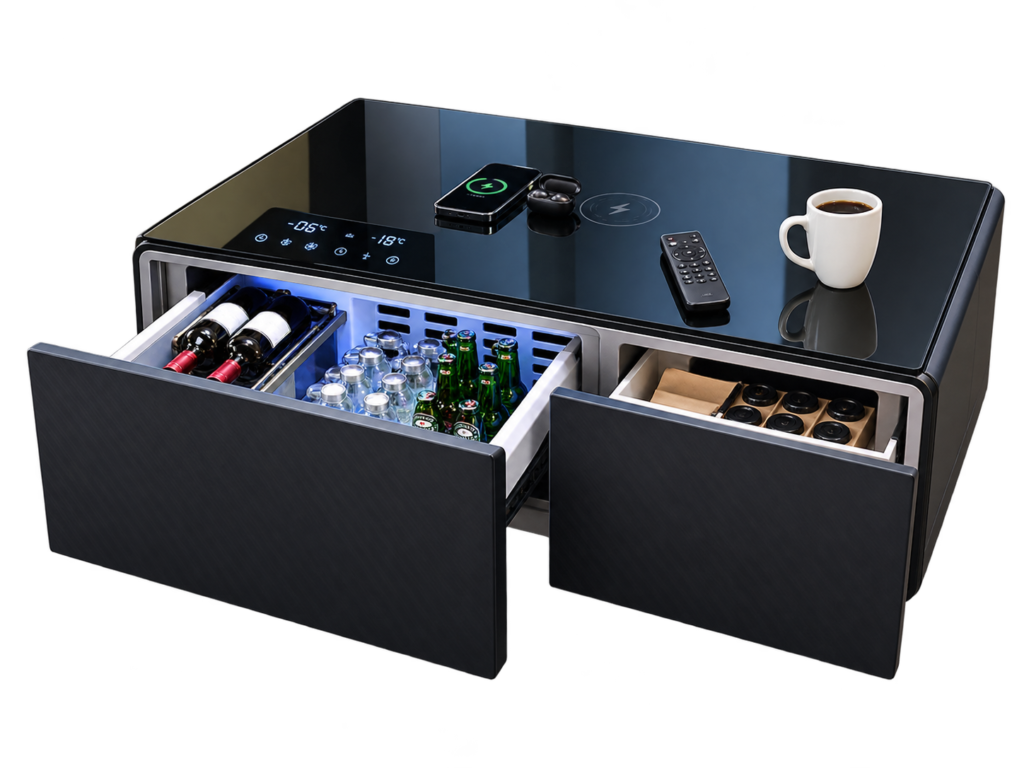 LIVTAB LT90 Pro Smart Coffee Table with glass top, dual storage compartments, beverage cooler, and modern smart features.
